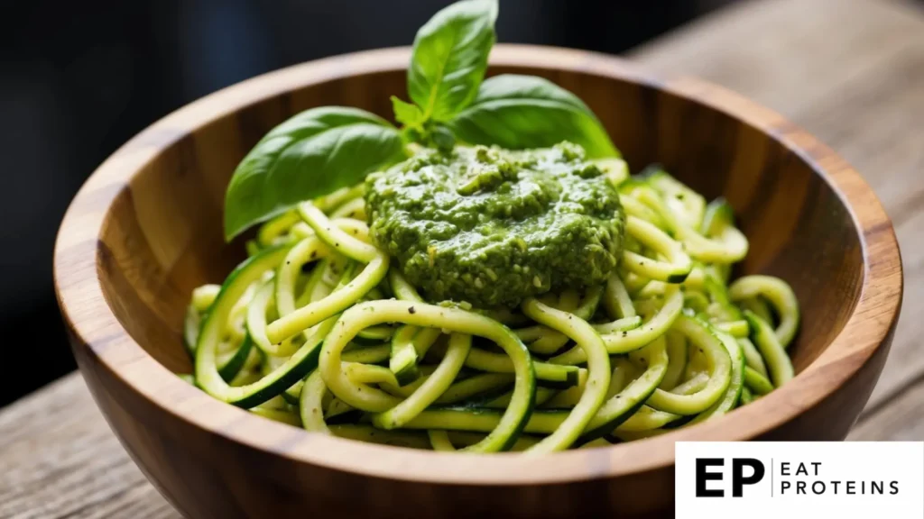 A wooden bowl filled with vibrant green zucchini noodles, topped with a generous dollop of pesto and garnished with fresh basil leaves