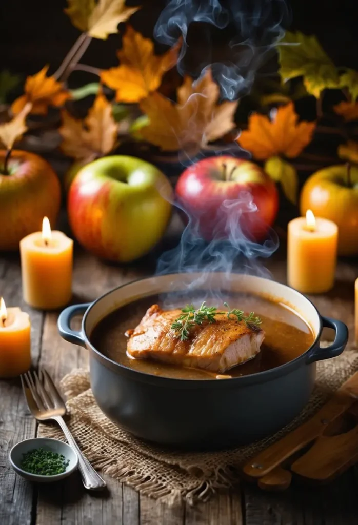 A rustic kitchen table set with a steaming pot of apple cider braised pork surrounded by autumn foliage and flickering candlelight