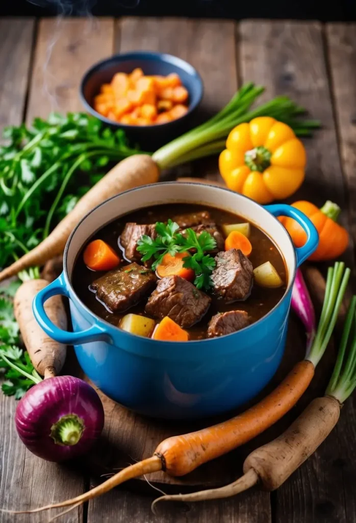 A steaming pot of beef stew surrounded by colorful root vegetables on a rustic wooden table