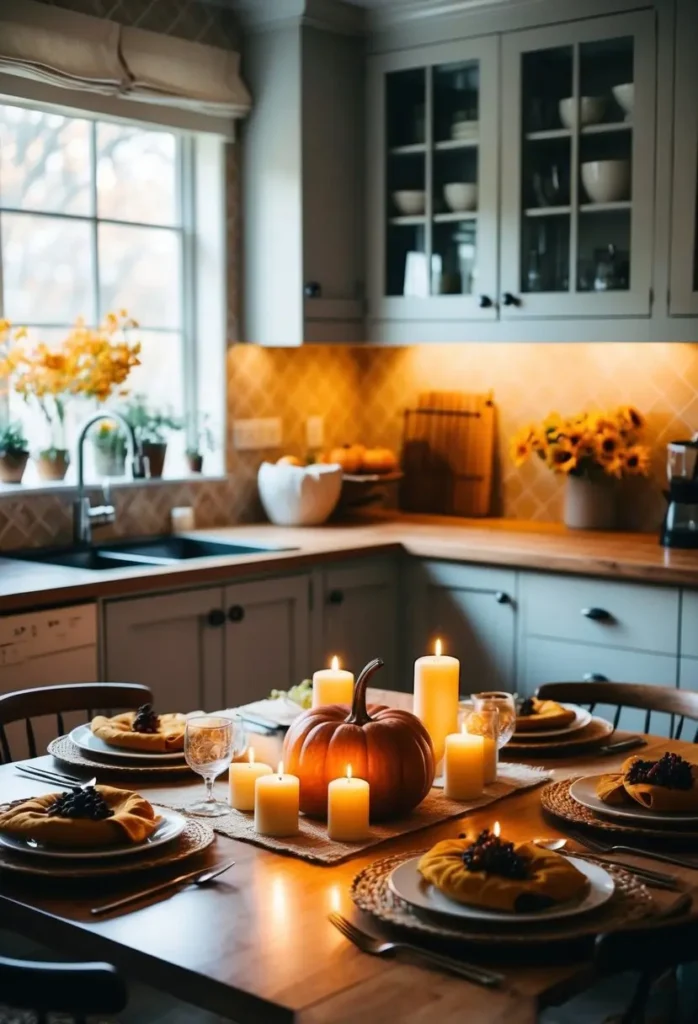 The image shows a cozy and warmly lit kitchen table set for a fall-themed dinner. The table is decorated with a large pumpkin centerpiece, surrounded by lit candles, creating an inviting and autumnal ambiance. The place settings are arranged with folded napkins, tableware, and glasses, while sunflowers and other autumnal touches complete the seasonal feel.