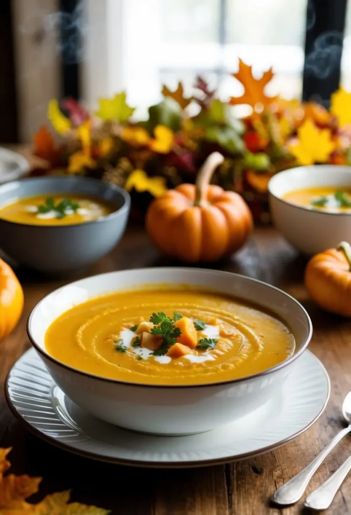 A steaming bowl of butternut squash soup surrounded by fall foliage and a cozy dinner setting