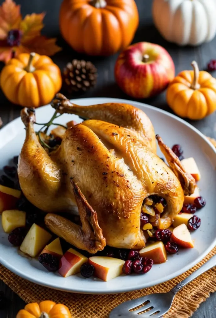 A plump chicken breast stuffed with cranberry and apple, surrounded by autumn leaves and seasonal produce