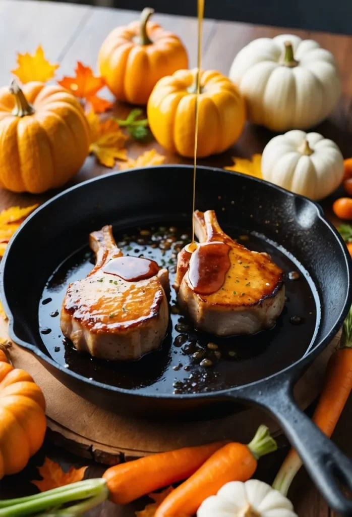 A sizzling skillet holds two maple-glazed pork chops, surrounded by autumn vegetables and a drizzle of glaze