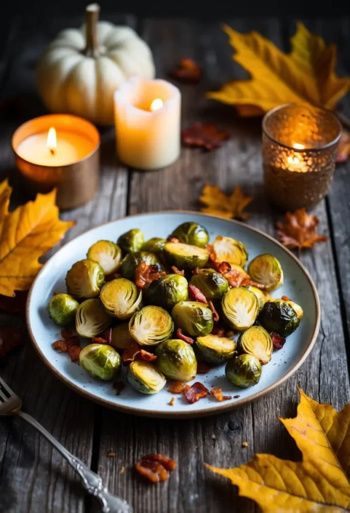 A rustic wooden table set with a platter of golden brown roasted Brussels sprouts, sprinkled with crispy bacon bits, surrounded by autumn leaves and candles