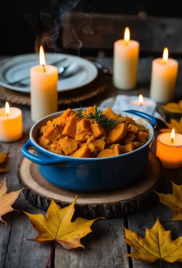 A rustic table setting with a steaming sweet potato casserole surrounded by autumn leaves and flickering candles