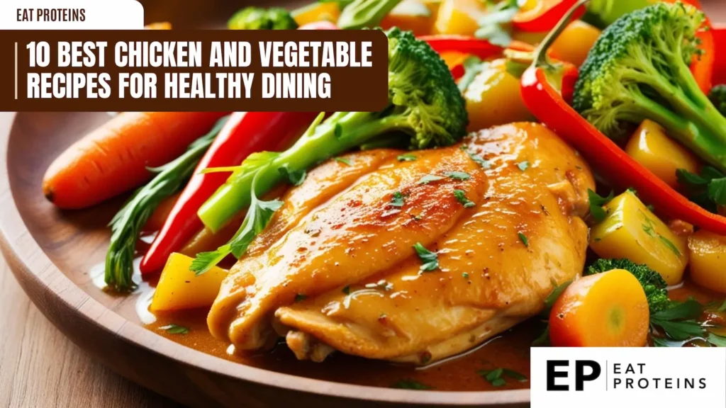 A plate of chicken and vegetables with the text "10 Best Chicken and Vegetable Recipes for Healthy Dining" and the "Eat Proteins" logo.