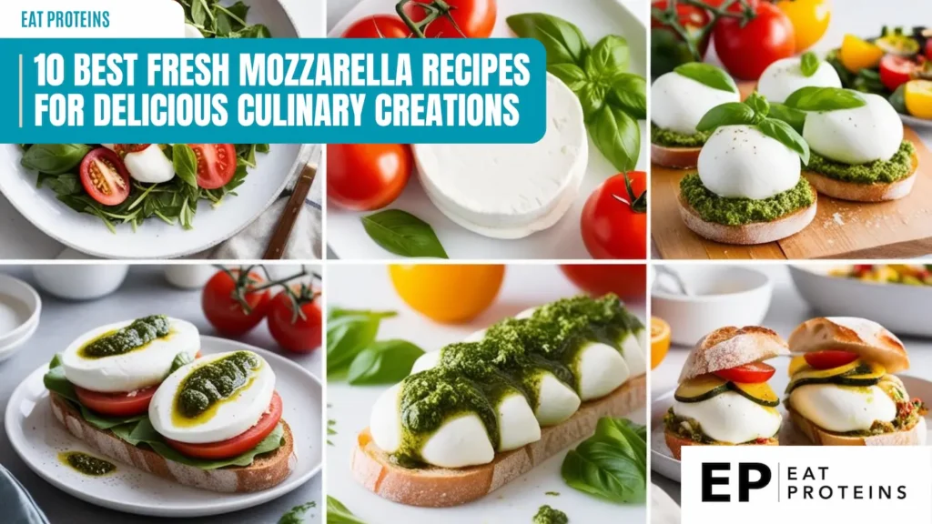 Collage of fresh mozzarella recipes featuring various culinary creations. Top left shows a salad with fresh mozzarella, tomatoes, and basil on a bed of greens. Other images display mozzarella slices with tomatoes and basil on bread, mozzarella topped with pesto on bruschetta, and layered with vegetables in a sandwich.