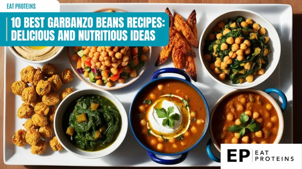 A collage showcasing various delicious dishes made with garbanzo beans, including hummus, falafel, salads, soups, and curries. The image is accompanied by the text "10 Best Garbanzo Beans Recipes: Delicious and Nutritious Ideas" and the Eat Proteins logo.