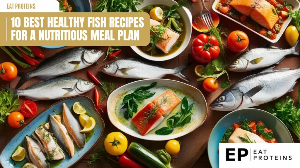 A vibrant and colorful spread showcasing various types of fresh fish and healthy fish dishes. Whole fish, fillets of salmon, and other fish are arranged on plates surrounded by an assortment of fresh vegetables, herbs, and citrus fruits like tomatoes, bell peppers, lemons, and parsley. The layout emphasizes healthy eating with a focus on nutritious seafood recipes. 