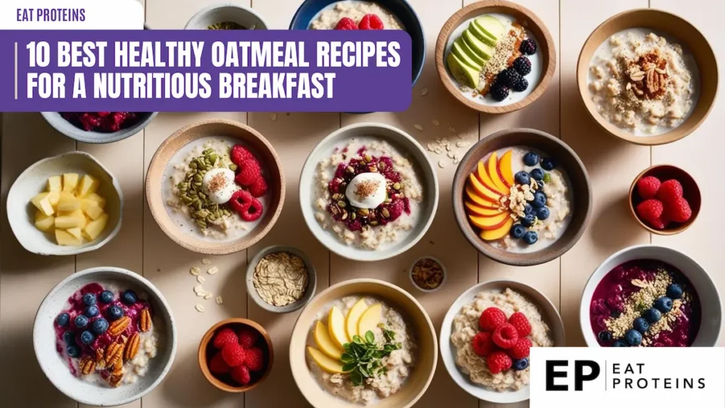 An assortment of bowls filled with different oatmeal recipes, topped with a variety of fresh fruits, nuts, seeds, and other healthy ingredients, arranged on a light wooden table. Each bowl showcases unique combinations such as berries, peaches, apples, and raspberries, emphasizing nutritious and visually appealing breakfast options.