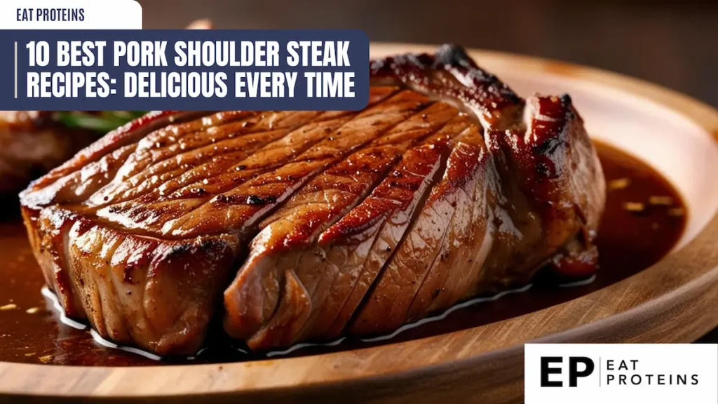 A perfectly cooked pork shoulder steak with a golden brown crust, resting on a wooden plate with a pool of flavorful juices. The image is accompanied by the title "10 Best Pork Shoulder Steak Recipes: Delicious Every Time" and the "Eat Proteins" logo.