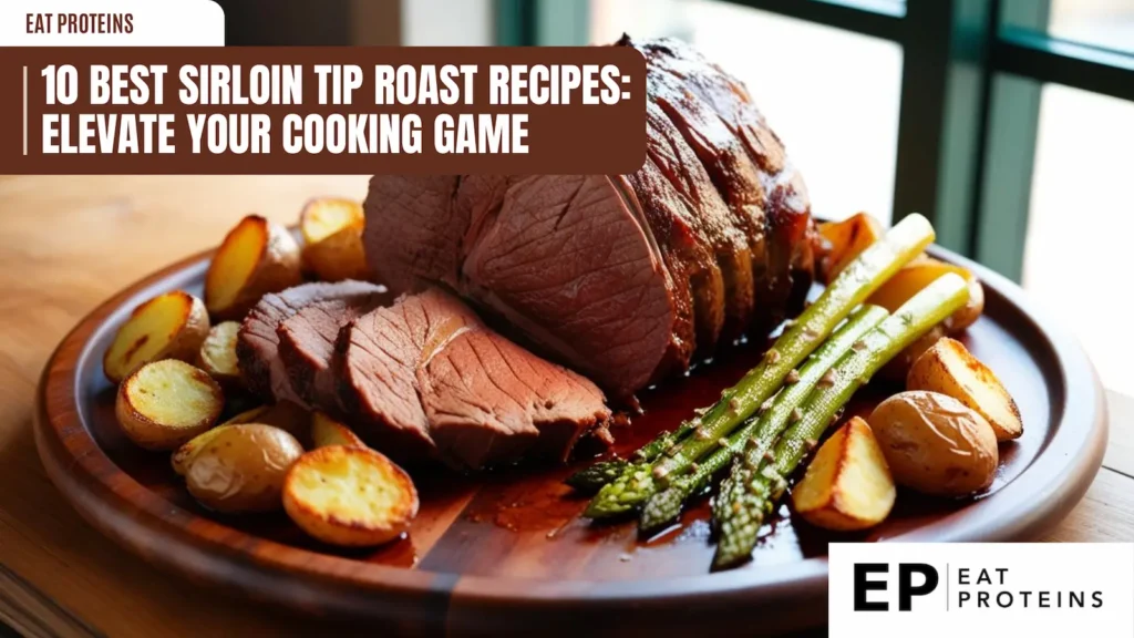 A juicy sirloin tip roast, sliced and served with roasted potatoes and asparagus on a wooden board. The roast looks incredibly appetizing and perfect for a special occasion.