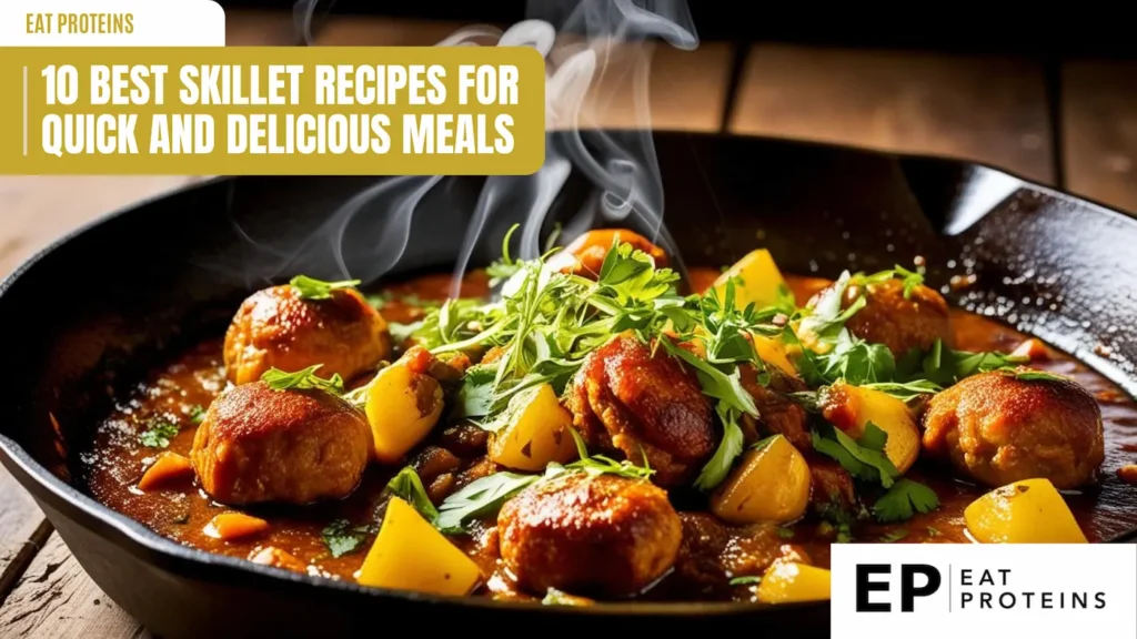 A close-up photo of a skillet filled with a delicious-looking stew with meatballs and potatoes. The stew is topped with fresh herbs and is steaming hot. The image is accompanied by the text "10 Best Skillet Recipes for Quick and Delicious Meals" and the Eat Proteins logo.