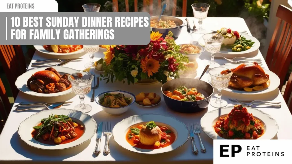 An elegantly set dinner table outdoors with a variety of Sunday dinner dishes, including roast chicken, stews, and salads, beautifully arranged with floral centerpiece and crystal glassware. The image showcases a cozy family gathering atmosphere, perfect for enjoying hearty meals together. 