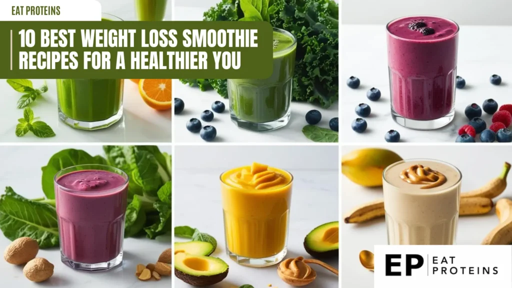 A collage of 10 different smoothie recipes, each in a clear glass and surrounded by its ingredients. The smoothies range in color from green to purple to yellow. The image is titled "10 Best Weight Loss Smoothie Recipes for a Healthier You" and has the "Eat Proteins" logo.