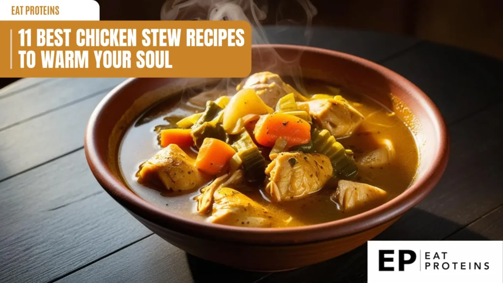 Delicious homemade chicken stew in a rustic bowl, filled with tender chicken pieces, carrots, celery, and onions in a rich, savory broth. Perfect for warming the soul on a cold day