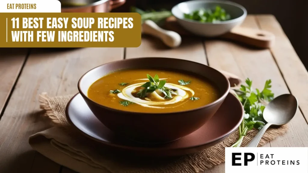 A bowl of creamy soup garnished with fresh herbs on a rustic wooden table, accompanied by a spoon and a bowl of herbs in the background. Text overlay reads '11 Best Easy Soup Recipes with Few Ingredients' with the logo 'EP Eat Proteins' in the corner.