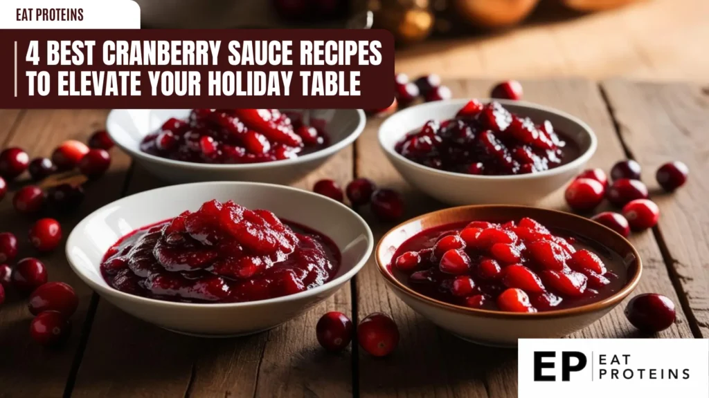 The image is a promotional graphic for "EAT PROTEINS" featuring the title "4 Best Cranberry Sauce Recipes to Elevate Your Holiday Table". It displays four bowls of cranberry sauce on a wooden table with scattered whole cranberries, suggesting a festive and seasonal theme. The logo "EP" with the text "Eat Proteins" is positioned at the bottom right corner.