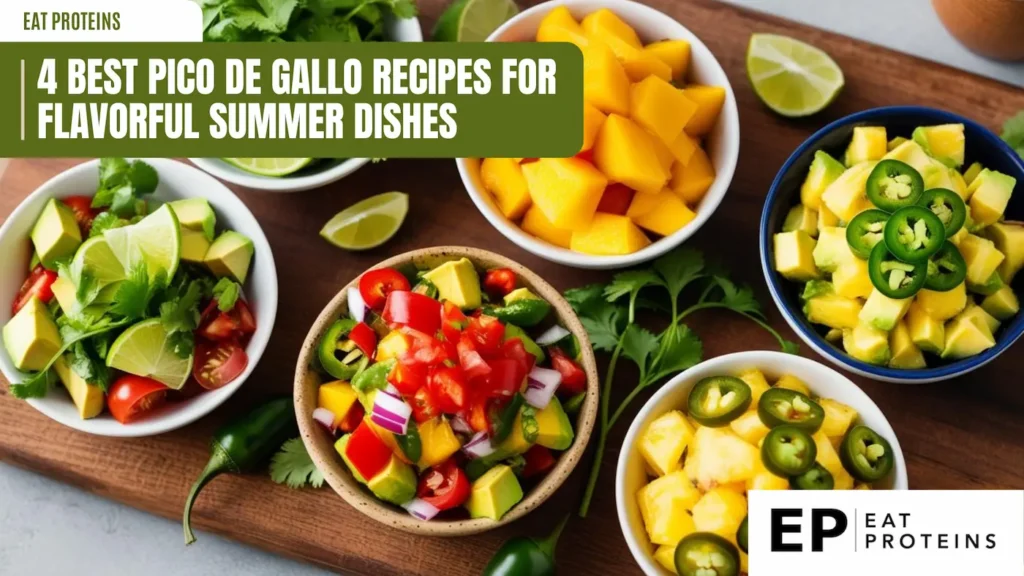 A flat lay image showcasing four different types of pico de gallo, each in its own bowl. The pico de gallo varieties include classic tomato and onion, mango avocado, pineapple jalapeño, and lime avocado. The image is accompanied by the text "4 Best Pico de Gallo Recipes for Flavorful Summer Dishes" and the Eat Proteins logo.