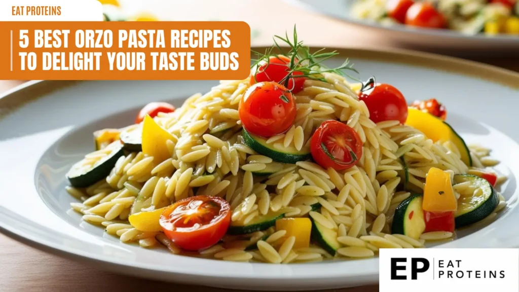 A plate of orzo pasta with roasted vegetables, including cherry tomatoes, zucchini, and yellow bell peppers. The dish looks colorful and appetizing, perfect for a light and healthy meal. The image is accompanied by the title "5 Best Orzo Pasta Recipes to Delight Your Taste Buds" and the "Eat Proteins" logo.