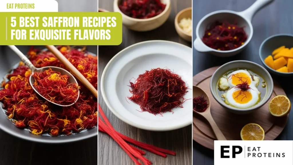 Three images showcasing saffron in various dishes and preparations. On the left, vibrant red and orange saffron threads in a spoon and bowl. In the center, a plate with a pile of saffron threads alongside red chopsticks. On the right, a bowl of saffron-seasoned dish with two sunny-side-up eggs garnished with saffron, with lemon slices and mango pieces nearby.