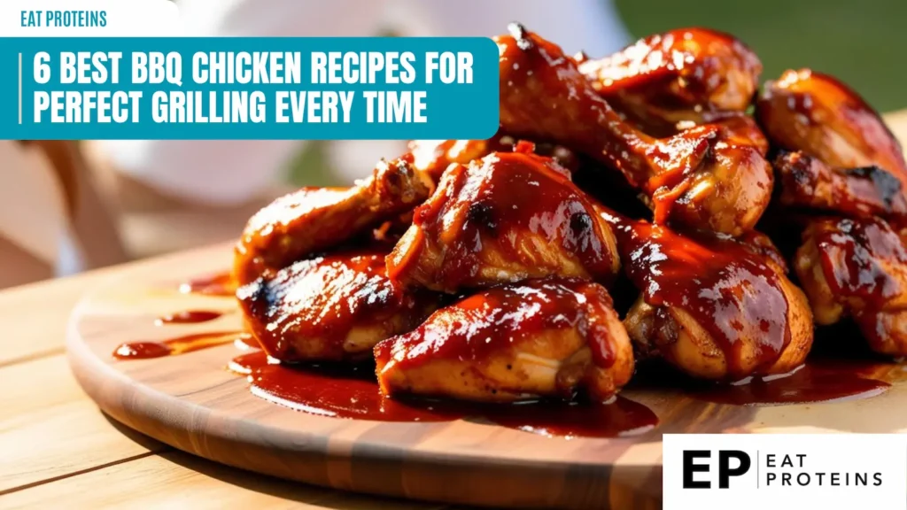 A close-up photo of a pile of BBQ chicken drumsticks on a wooden board. The drumsticks are glazed with a thick, glossy barbecue sauce and look delicious. The image is accompanied by the text "6 Best BBQ Chicken Recipes for Perfect Grilling Every Time" and the Eat Proteins logo.