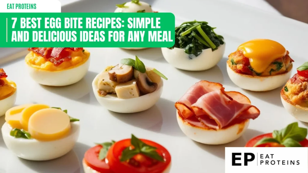 An assortment of egg bites displayed on a white platter, each topped with different ingredients including bacon, spinach, mushrooms, ham, melted cheese, sliced tomatoes, and herbs. The vibrant and appetizing arrangement showcases a variety of flavors and textures, perfect for any meal. The 'Eat Proteins' logo is visible at the bottom corner.