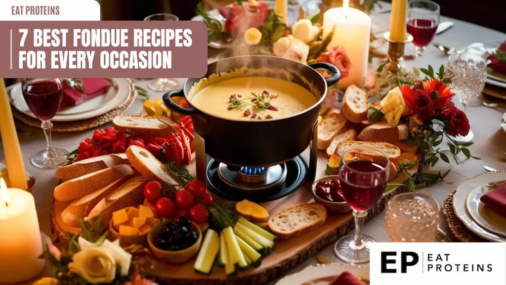 The image is a cozy, elegantly set dining table with a pot of fondue at the center, surrounded by various accompaniments like bread, vegetables, and dipping sauces. The setting includes warm candlelight, decorative flowers, wine glasses, and an inviting assortment of ingredients for dipping into the fondue.