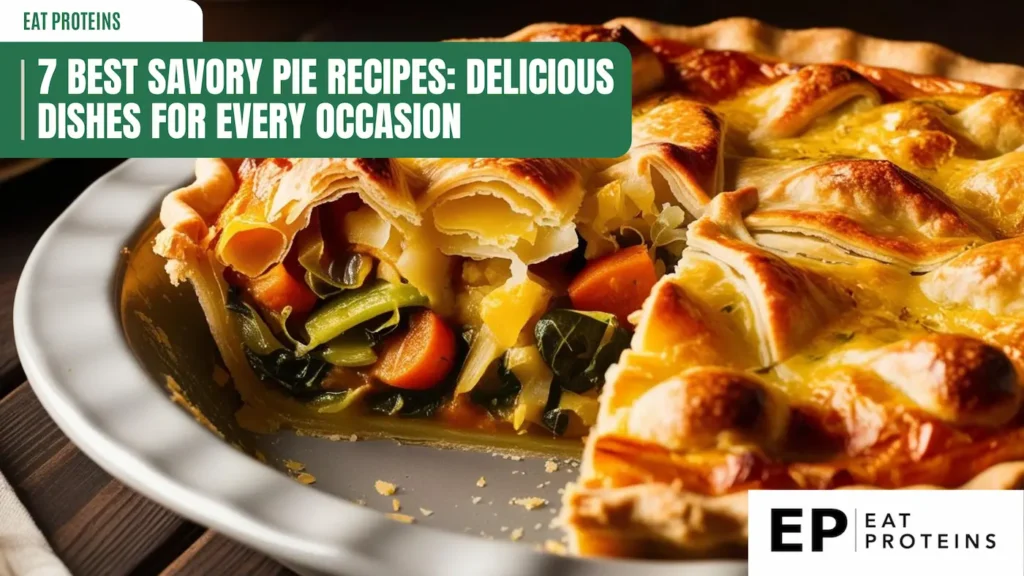 A close-up of a freshly baked savory pie with a golden, flaky crust. The pie is filled with vibrant vegetables including carrots and leafy greens, visible through the sliced section. The image also features a green title banner that reads '7 Best Savory Pie Recipes: Delicious Dishes for Every Occasion' and the 'Eat Proteins' logo in the bottom right corner