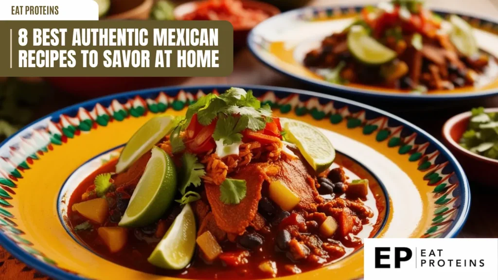 A plate of Mexican chili, garnished with cilantro, limes, and sour cream. The chili is made with beans, vegetables, and meat, and looks incredibly appetizing. The image is accompanied by the text "8 Best Authentic Mexican Recipes to Savor at Home" and the Eat Proteins logo.