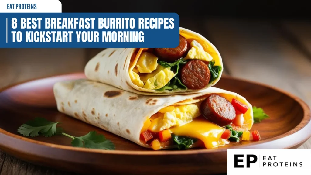 A close-up of two breakfast burritos served on a wooden plate, filled with scrambled eggs, sausage, melted cheese, fresh greens, and diced red bell peppers. The tortillas are lightly toasted, and the vibrant ingredients make the dish visually appealing. A sprig of fresh cilantro rests on the plate, adding a garnish. The image is branded with "Eat Proteins," promoting 8 delicious breakfast burrito recipes to energize your mornings.