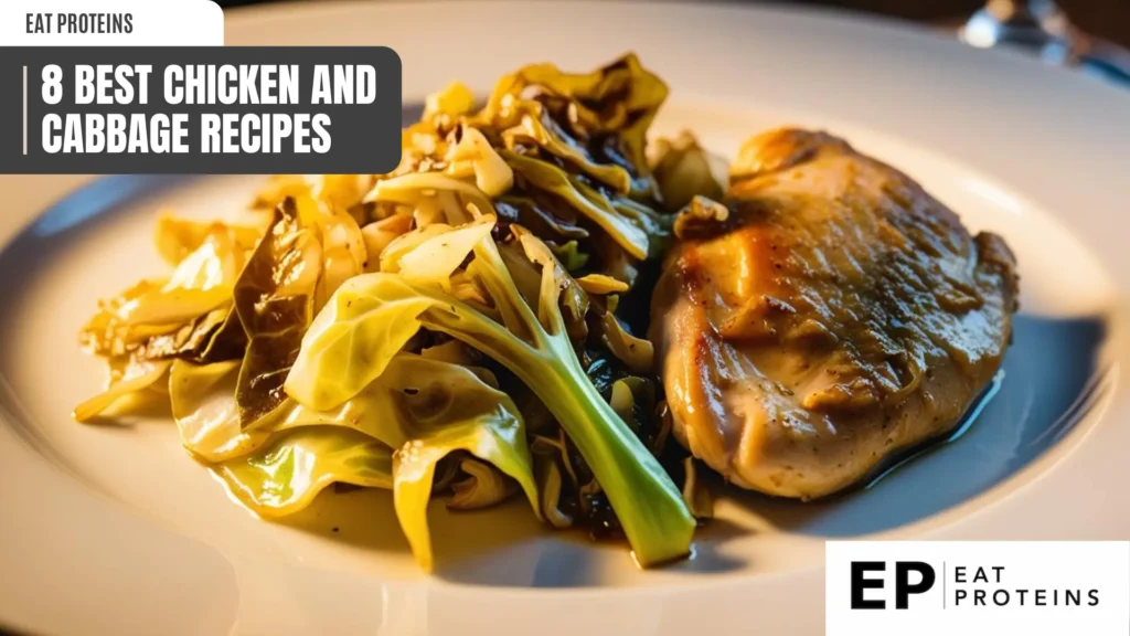 A close-up view of a plate featuring a beautifully cooked piece of chicken breast paired with caramelized cabbage. The dish is plated on a white plate, showcasing the golden-brown glaze on the chicken and the slightly browned, tender cabbage. In the corner, a 'Eat Proteins' logo is visible, adding a branded touch to the image. 