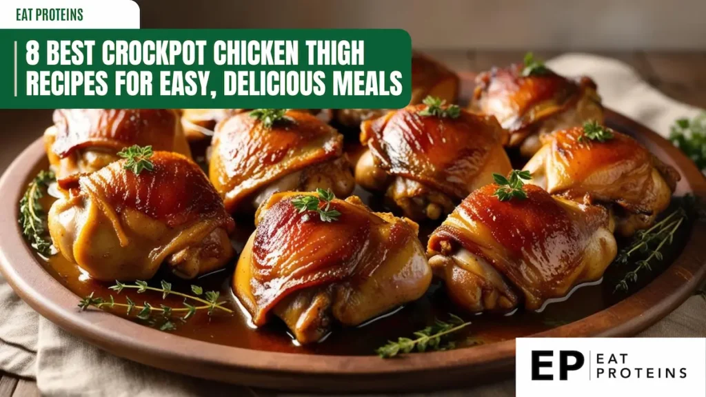 A plate filled with succulent, golden-brown chicken thighs garnished with fresh herbs, surrounded by sprigs of thyme. The header reads '8 Best Crockpot Chicken Thigh Recipes for Easy, Delicious Meals' with the brand 'Eat Proteins' displayed at the top left and the logo 'EP Eat Proteins' in the bottom right corner.