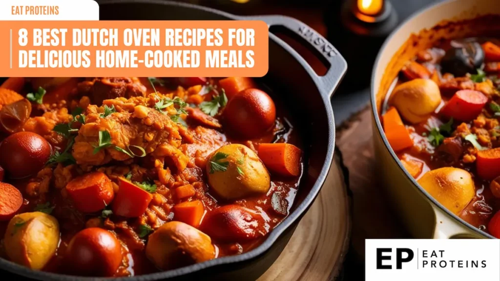 A close-up image of a Dutch oven filled with a hearty stew. The stew is made with meat, vegetables, and a rich, flavorful sauce. The image is accompanied by the text "8 Best Dutch Oven Recipes for Delicious Home-Cooked Meals" and the Eat Proteins logo.