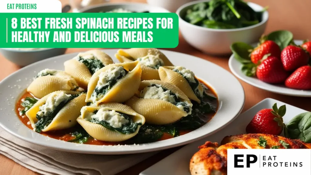 A collage showcasing eight different spinach recipes, including stuffed shells, spinach and strawberry salad, and spinach and chicken stir-fry. The image is accompanied by the text "8 Best Fresh Spinach Recipes for Healthy and Delicious Meals" and the Eat Proteins logo.