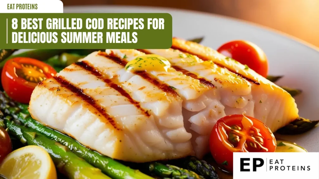 A plate of grilled cod with asparagus, cherry tomatoes, and lemon wedges. The cod is cooked to perfection, with grill marks visible on its surface. The image is accompanied by the text "8 Best Grilled Cod Recipes for Delicious Summer Meals" and the Eat Proteins logo.