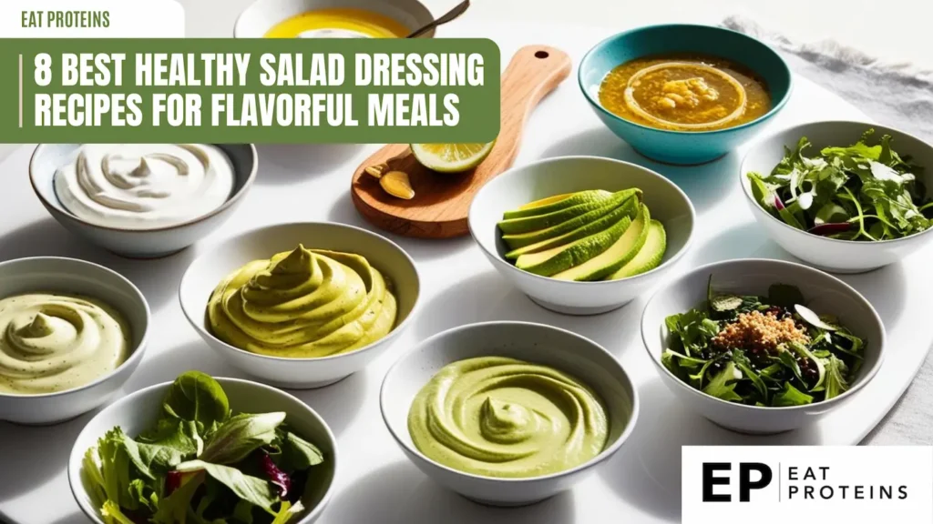 A flat lay image showcasing eight different healthy salad dressings in small bowls. The dressings range in color and texture, with ingredients like avocado, herbs, and spices visible. The image is accompanied by the text "8 Best Healthy Salad Dressing Recipes for Flavorful Meals" and the Eat Proteins logo.