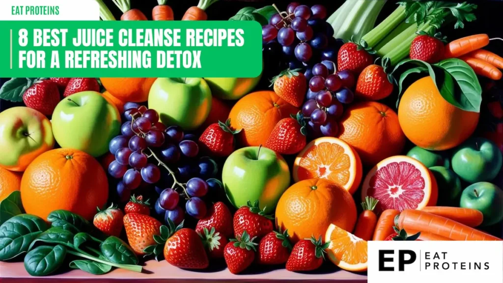 Colorful assortment of fresh fruits and vegetables, including apples, oranges, strawberries, grapes, carrots, and leafy greens, arranged against a dark background. Text overlay reads '8 Best Juice Cleanse Recipes for a Refreshing Detox,' with the Eat Proteins logo in the bottom right corner.