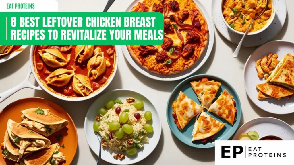 A vibrant assortment of dishes showcasing the versatility of leftover chicken breast recipes. The image features a variety of prepared meals including stuffed pasta shells in tomato sauce, a pizza topped with chicken, a bowl of creamy pasta, quesadillas, wraps with herbs, a plate of rice garnished with grapes and walnuts, and other savory items. The image highlights different ways to use chicken breast creatively, with bold and colorful presentations.