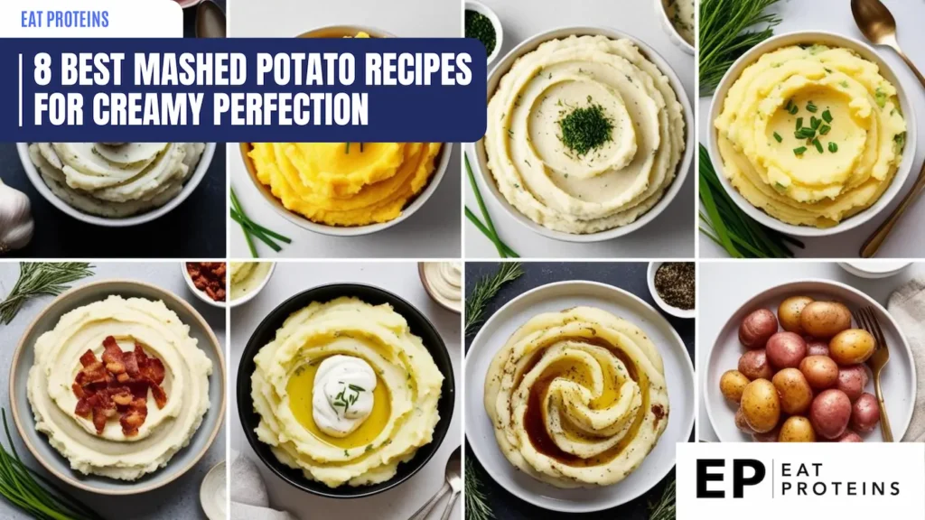 A collage of different mashed potato recipes, each plated beautifully with unique garnishes such as chives, bacon, and herbs. The image showcases a variety of creamy, fluffy mashed potatoes with different textures and toppings.