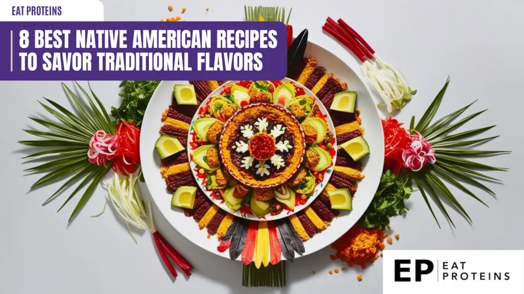 A colorful and decorative Native American-inspired dish is displayed on a large round plate with vibrant traditional ingredients. The dish includes avocado slices, red and yellow corn, tomatoes, and various greens arranged in an intricate, symmetrical pattern, resembling a flower. The plate is garnished with palm leaves, red radishes, and green herbs, creating a striking visual around the main dish.