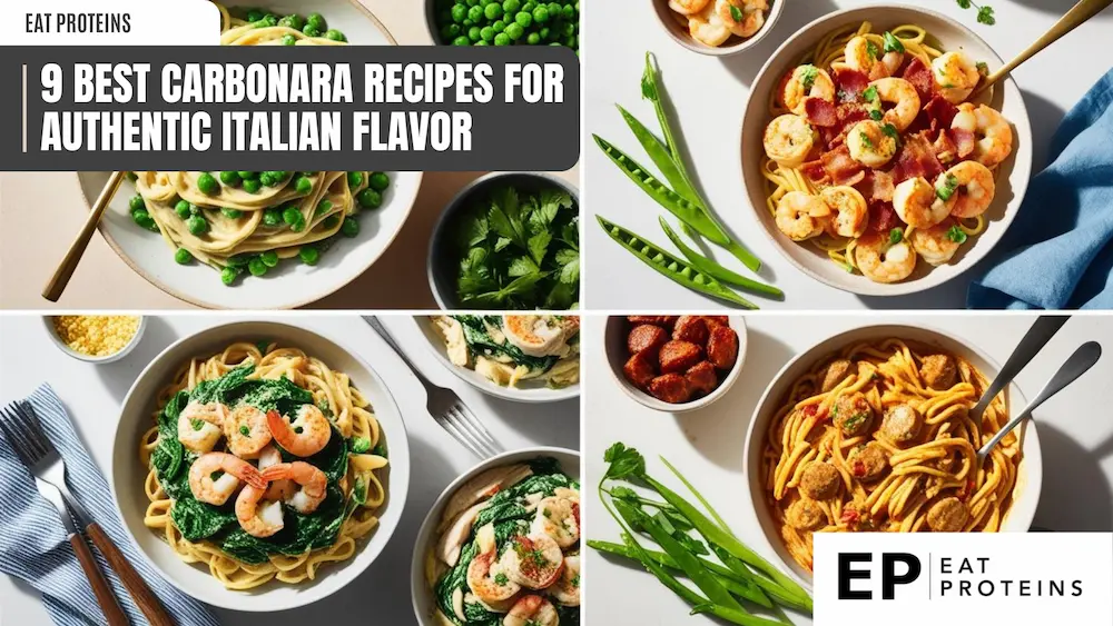 A collage of four different carbonara pasta dishes featuring various toppings like peas, shrimp, spinach, and meatballs. The title reads '9 Best Carbonara Recipes for Authentic Italian Flavor,' with the logo of Eat Proteins in the corner.