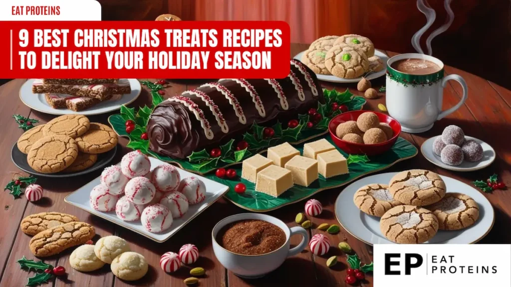 This image is an illustration for the article titled "9 Best Christmas Treats Recipes to Delight Your Holiday Season," showcasing an array of festive holiday treats including cookies, fudge, a yule log cake, and hot cocoa, surrounded by holiday-themed decorations such as holly leaves and candy canes.