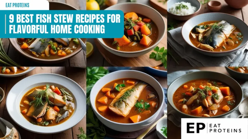 The image showcases bowls of fish stew with vibrant ingredients like carrots, herbs, and whole fish fillets in rich broths, providing a comforting and nutritious meal idea for home cooks