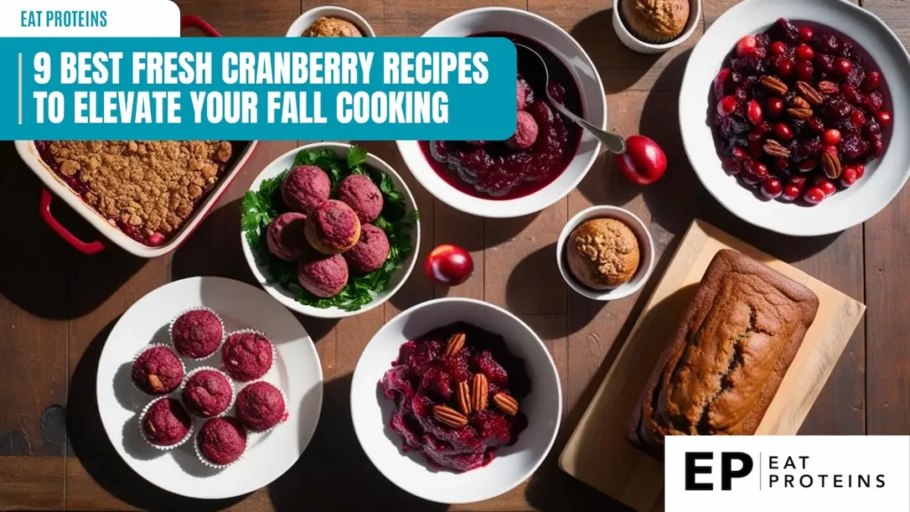 An assortment of cranberry-based dishes displayed on a wooden table, featuring a variety of fresh cranberry recipes including baked goods, muffins, cranberry sauce, and bread, showcasing vibrant red and warm brown hues, ideal for fall cooking. Branded 'Eat Proteins' with a logo in the corner.