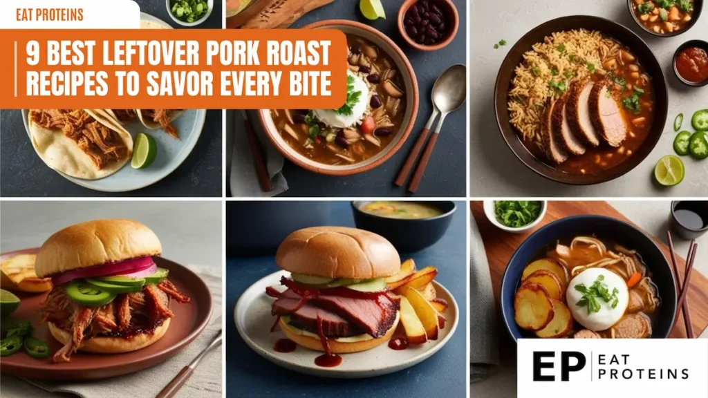 Thank you for sharing the image. I see that it's titled "9 Best Leftover Pork Roast Recipes to Savor Every Bite" and features various delicious dishes made with leftover pork roast. If you need help creating descriptions for each of these recipes, further editing for the image, or optimizing content around this topic, feel free to let me know!