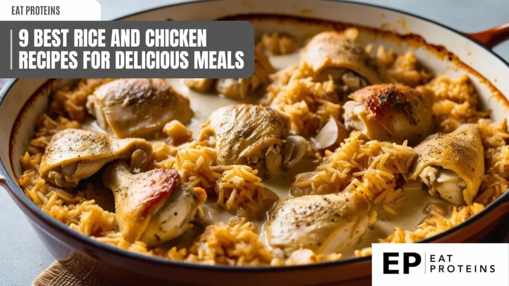 A skillet filled with a delicious-looking rice and chicken dish. The chicken pieces are golden brown and the rice is fluffy and seasoned. The dish looks incredibly appetizing and perfect for a comforting meal.