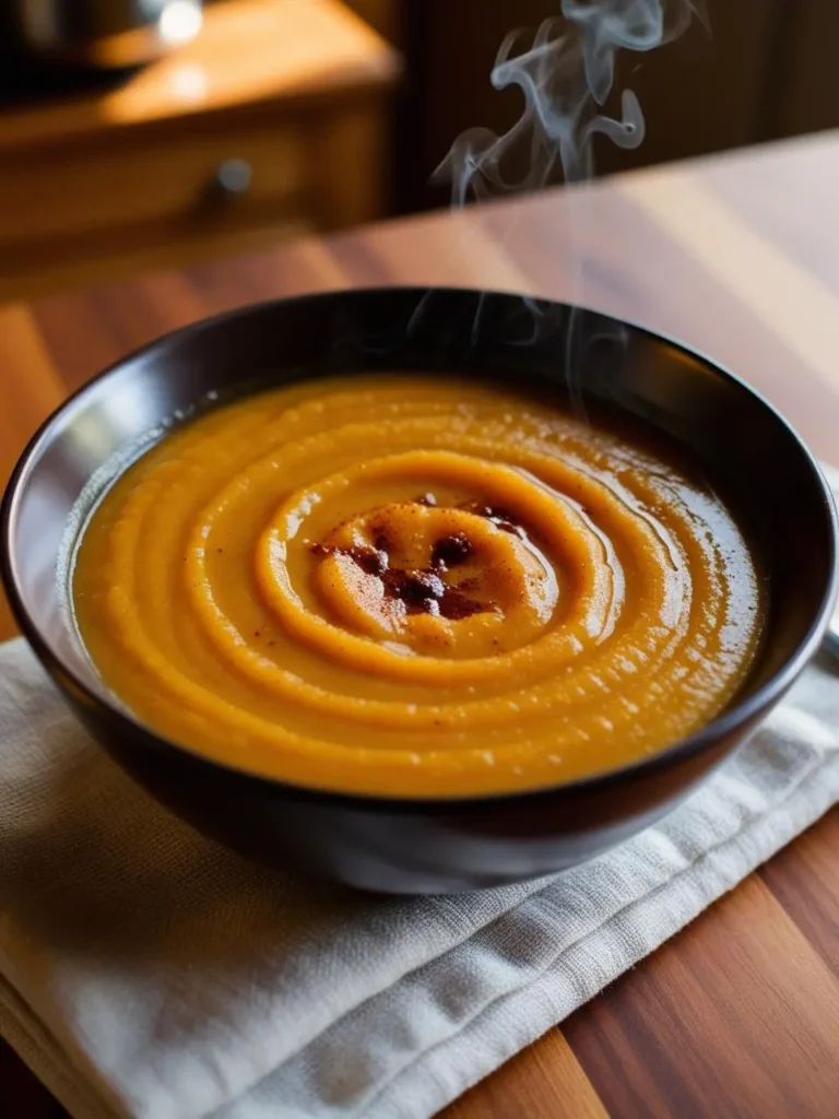 A steaming bowl of creamy acorn squash soup, served in a dark bowl and garnished with a sprinkle of spices. The soup has a smooth, velvety texture with a rich golden-orange color, inviting warmth and comfort. The bowl is placed on a folded cloth napkin, adding a cozy touch to the presentation. Gentle steam rises from the soup, emphasizing its freshness and warmth.