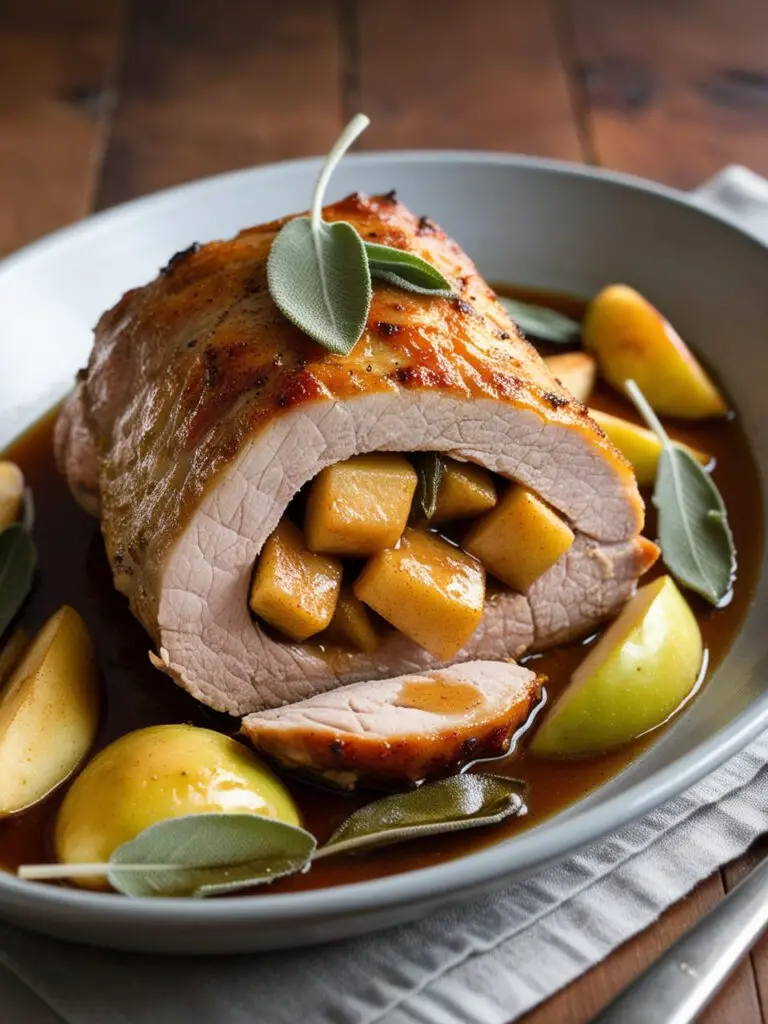 A sliced pork loin stuffed with apples and sage, served with a pan sauce.