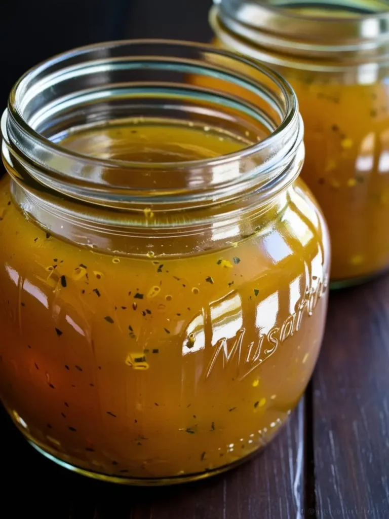 Two glass jars filled with a golden-brown vinaigrette. The jars are sitting on a wooden surface. The vinaigrette appears to be made with Dijon mustard, herbs, and possibly honey.